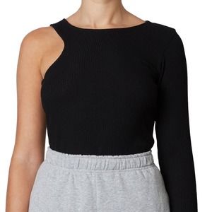 NIA Asymmetrical One-Shoulder Ribbed Sweater. Black. Size L
